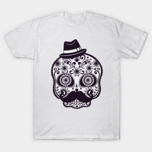 The Artistic of Skull with Moustache n Black Hat Illustration T-Shirt